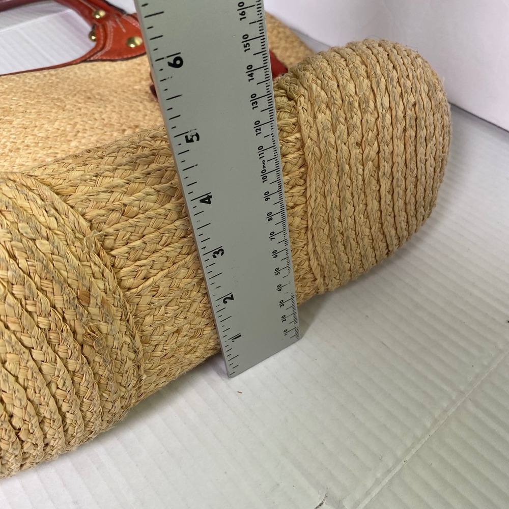Coach Straw Leather Flower Tote Bag Beige Orange Summer Woven Beach Coastal Boho - Picture 12 of 15